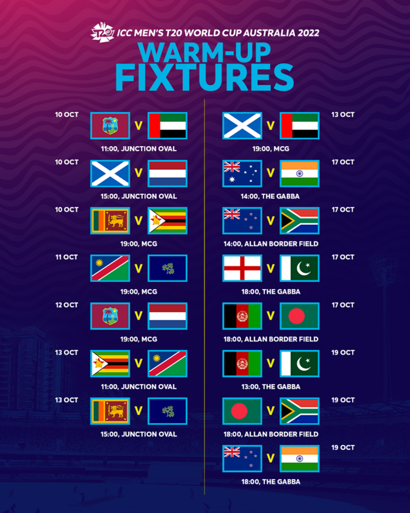 ICC पुरुष T20 विश्व कप 2022 के लिए वार्म-अप शेड्यूल